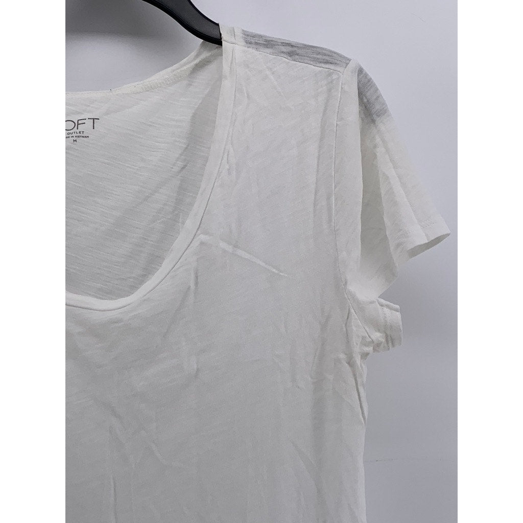 LOFT OUTLET Women's White Solid V-Neck Short Sleeve Casual Top SZ M
