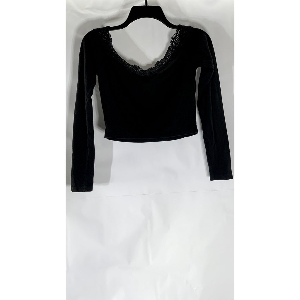 KENDALL & KYLIE Women's Crochet Trim Boat-Neck Long Sleeve Crop Top SZ S