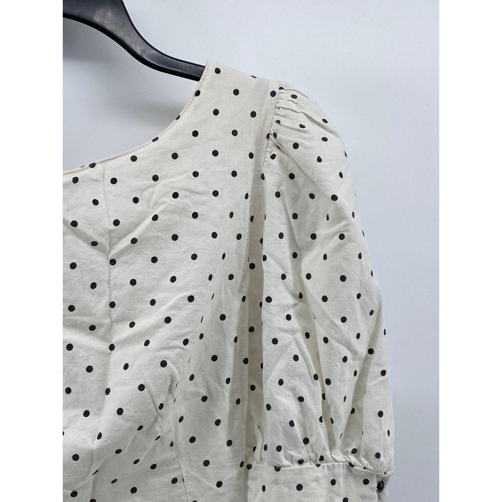 UNBRANDED Women's White-Black Micro Dot Print Balloon Sleeve Cropped Top SZ S