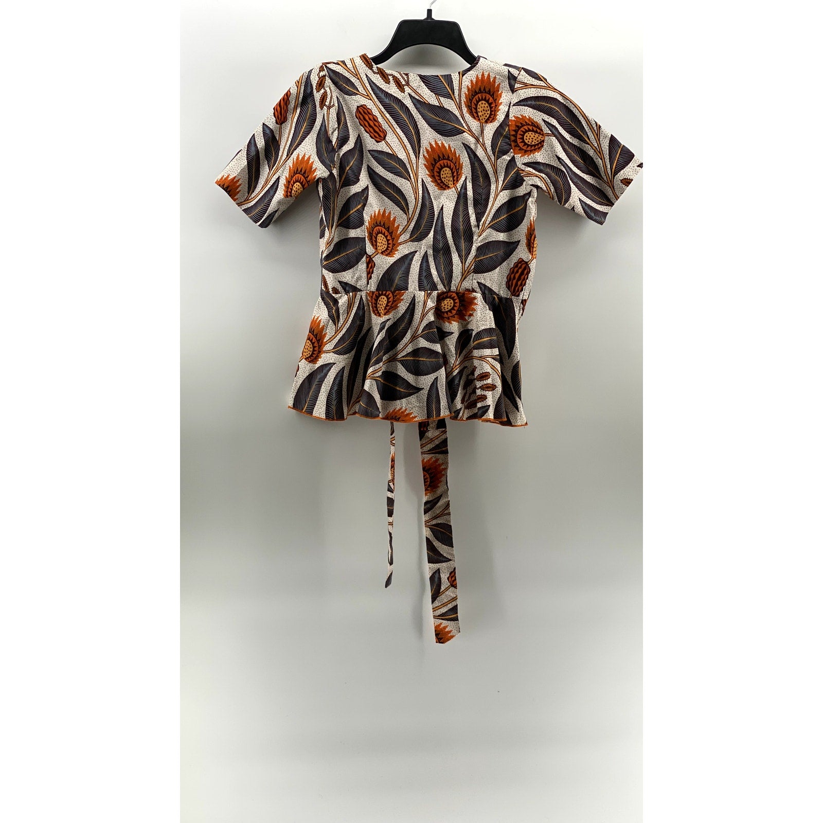 UNBRANDED Women's Brown Floral Print V-Neck Faux-Wrap Short Sleeve Top SZ S