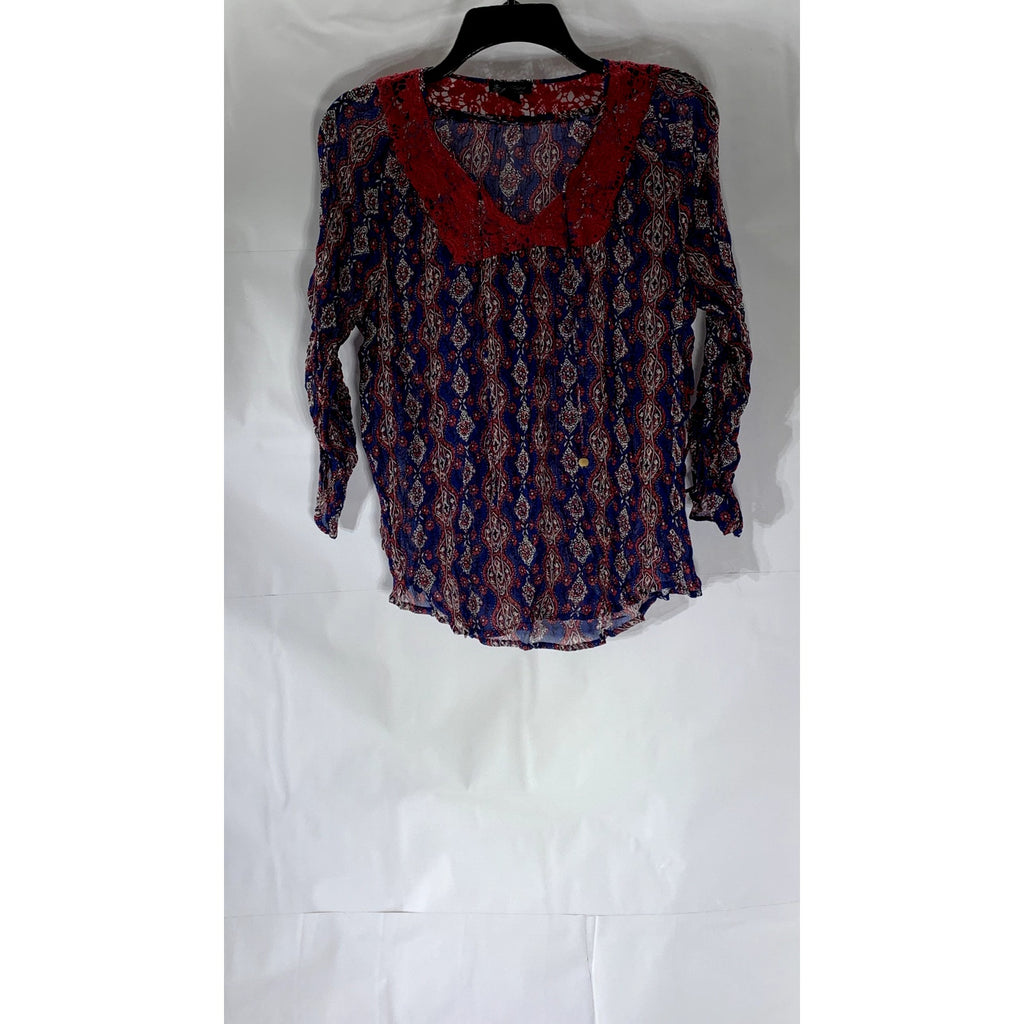 LUCKY BRAND Women’s Navy Crochet Knit 3/4 Cinched Sleeve Sheer Floral Top SZ M