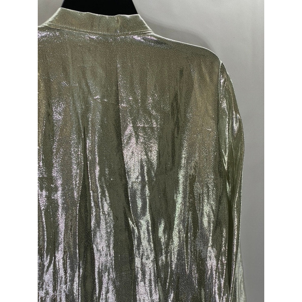 H&M Women’s Silver Silk-Blend Metallic Shimmering Button-Up Long Sleeve Top SZ 4