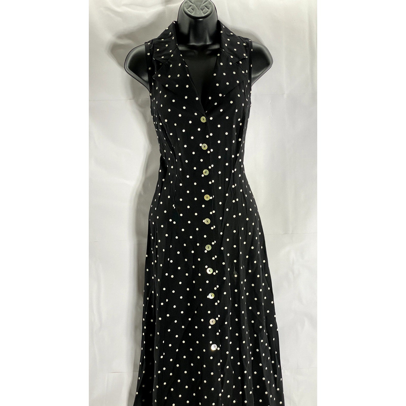 DRESSBARN Women's Vintage Black/White Polka Dot V-Neck Collared Midi Dress SZ 4