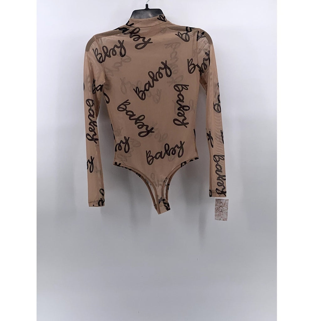 UNBRANDED Women's Tan-Black "Baby" Logo Mesh Mock-Neck Long Sleeve Bodysuit SZ S