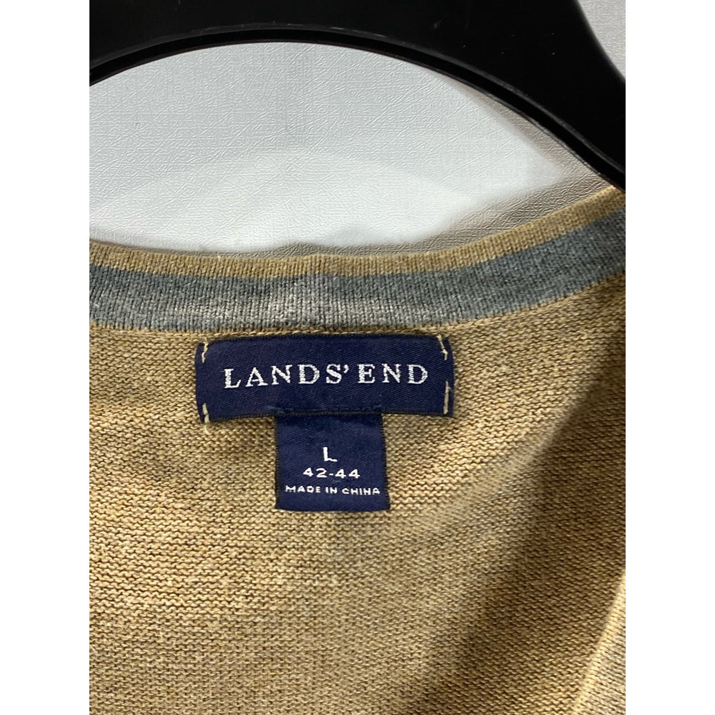 LANDS' END Men's Tan V-Neck Cotton Pullover Sweater Vest SZ L