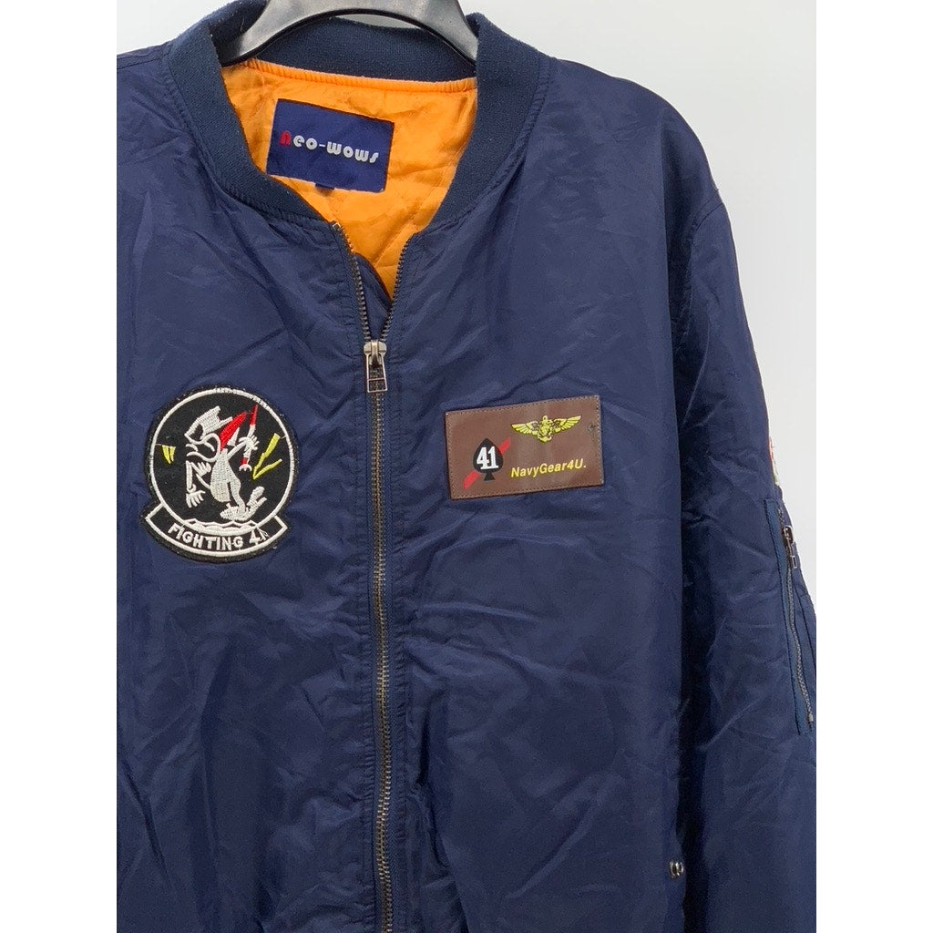 NEO-WOWS Men's Navy Vintage Patchwork Zip-Up Bomber Jacket SZ L