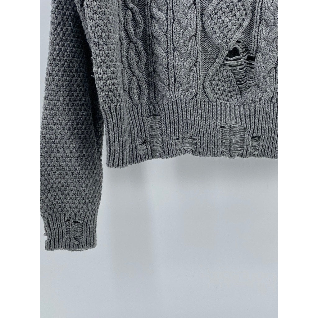 COTTON EMPORIUM Women's Gray Cable Knit Crewneck Distressed Pullover Sweater SZM