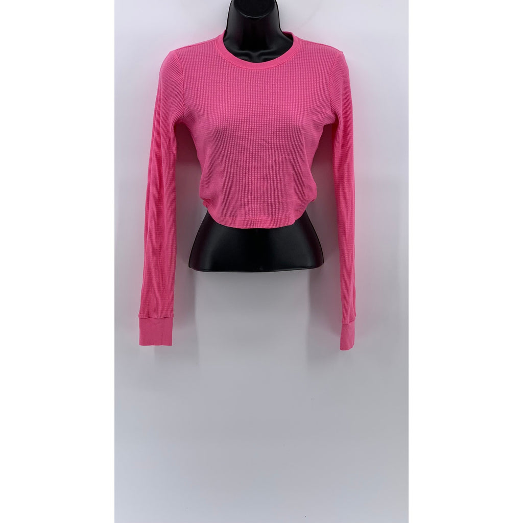 TNA Women's Pink Waffle-Knit Crewneck Long Sleeve Casual Cropped Top SZ S