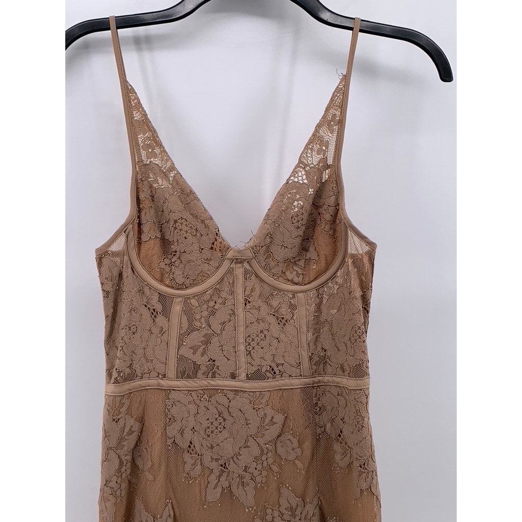 MISHA COLLECTION Women's Tan Lace V-Neck Spaghetti Strap Bodycon Midi Dress SZ 4