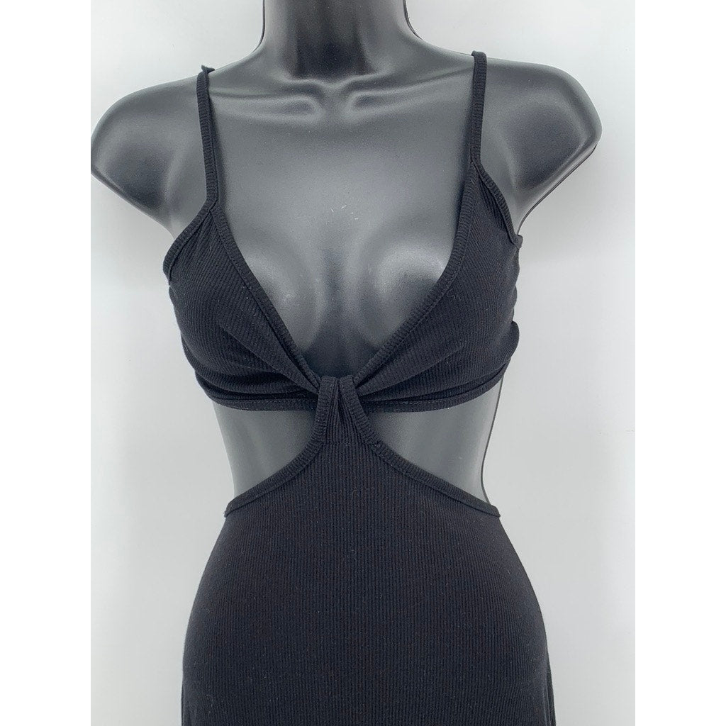 WINDSOR Women's Black Ribbed Cutout V-Neck Maxi Dress SZ L