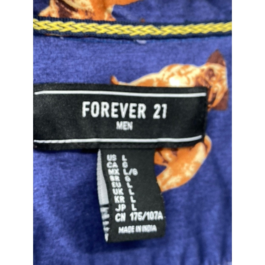 FOREVER 21 Men's Dark Blue-Brown Pug Graphic Button-Up Short Sleeve Shirt SZ L