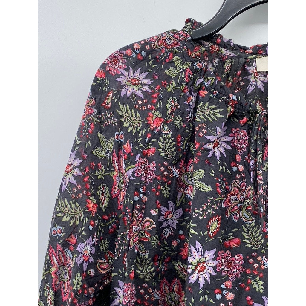 LOFT Women's Black Floral Print Ruffle-Hem Tie-Neck Long Sleeve Top SZ M