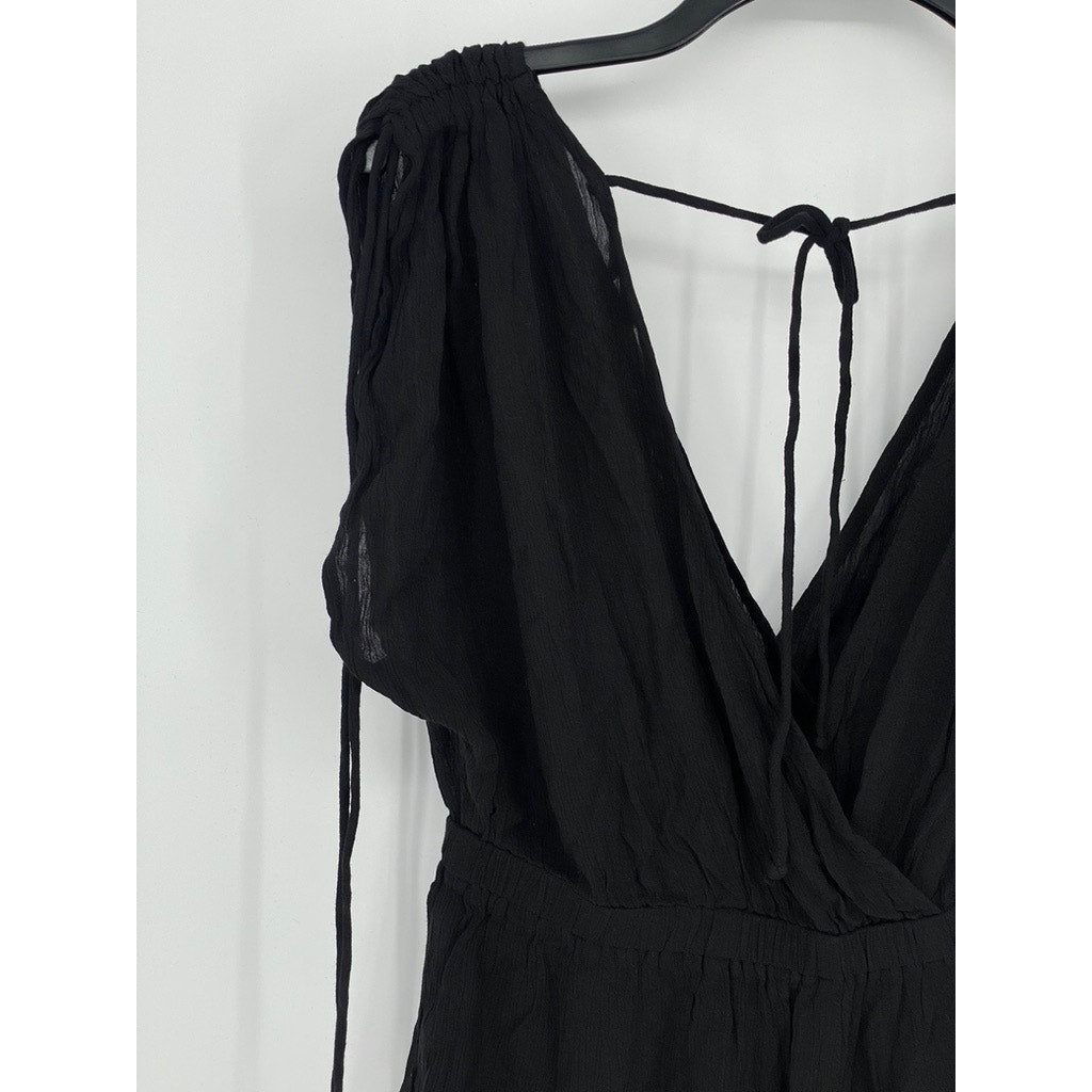 ASOS DESIGN Women's Black Crinkle Tie-Shoulder V-Neck Semi Sheer Romper SZ 8