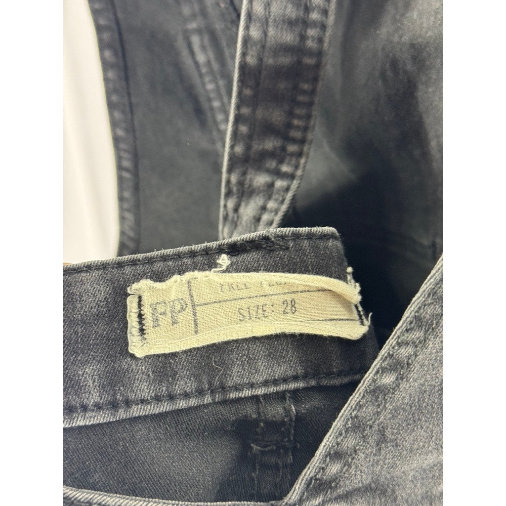 FREE PEOPLE Women's Black Washed Denim Square-Neck Skinny Overall SZ 28