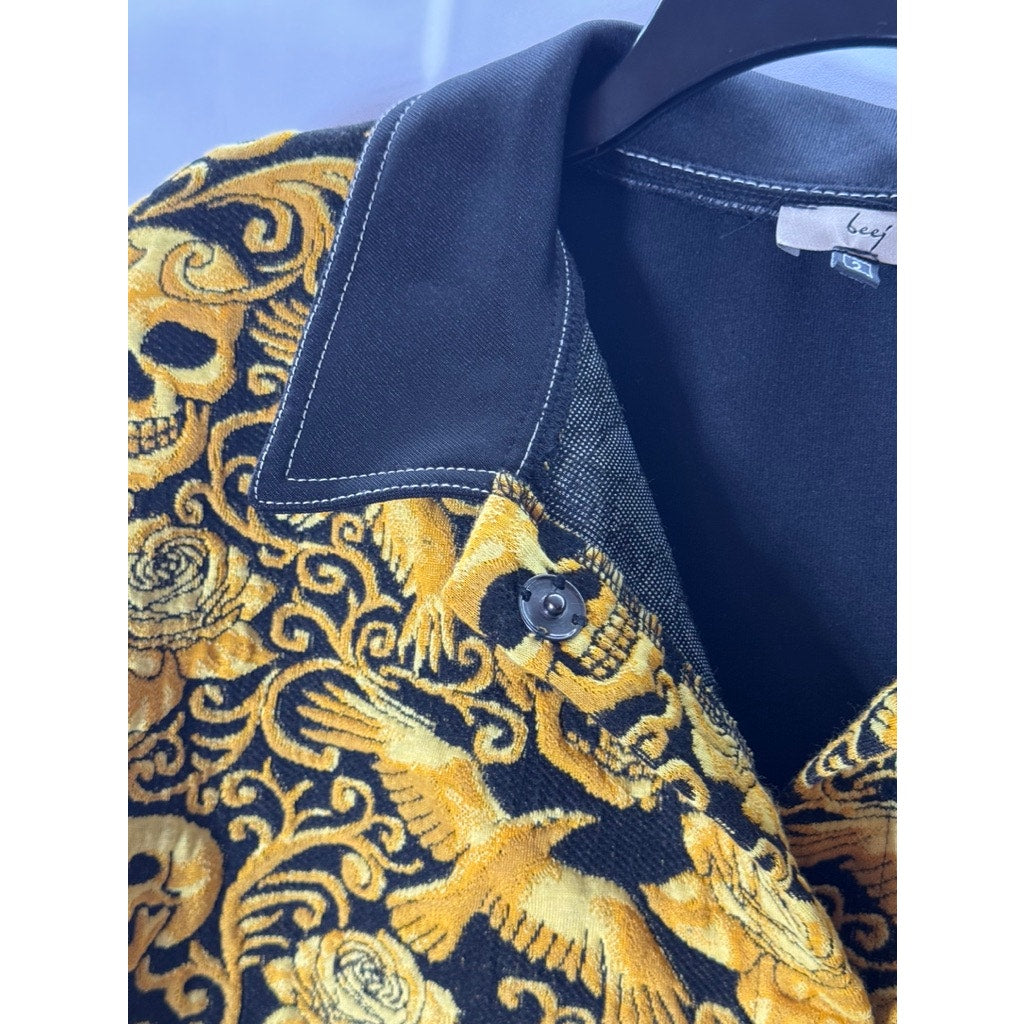 BEEJ Women's Black/Gold Embroidered Skull-Floral Snap-Button Shirt Jacket SZ 2