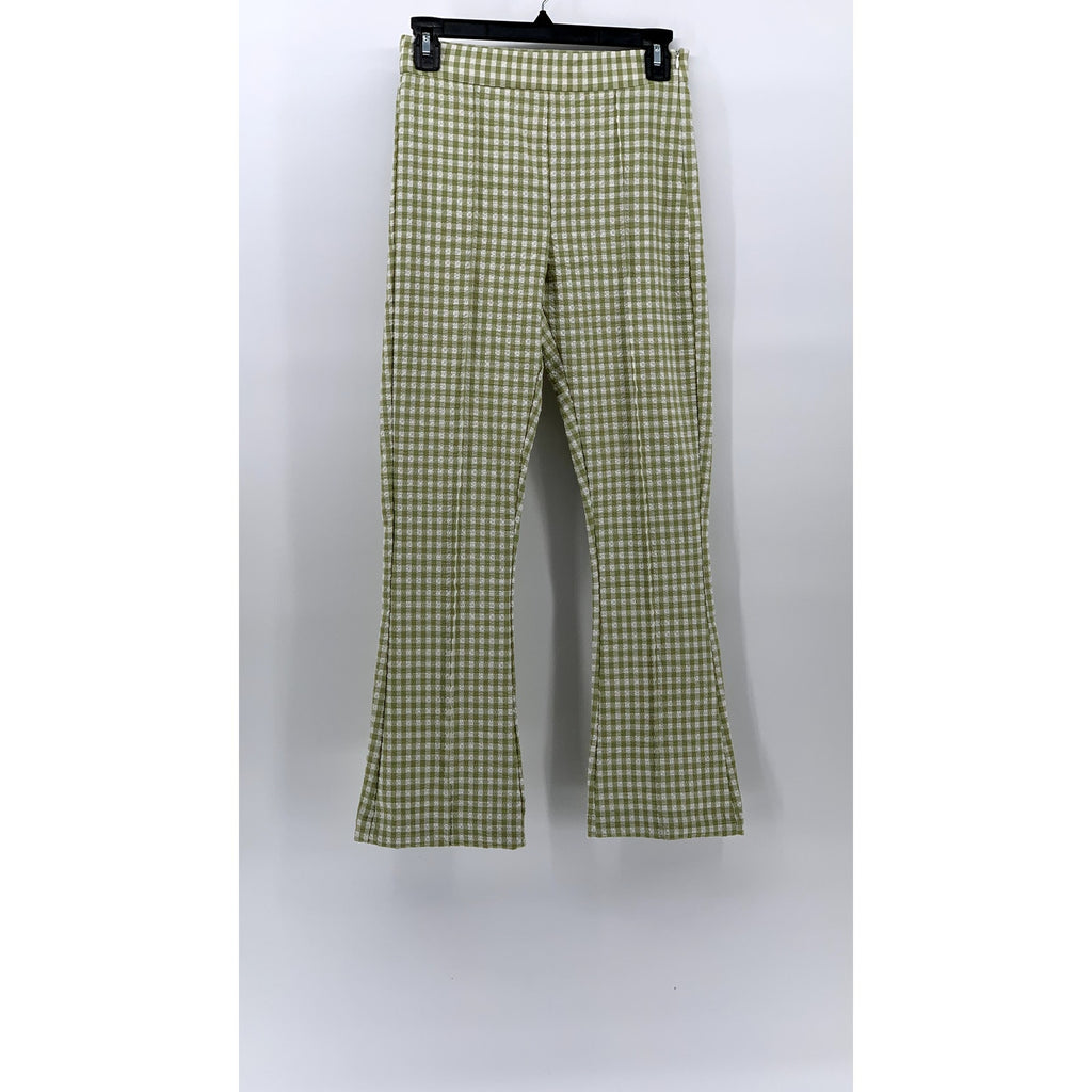 BERSHKA Women's Green-White Gingham Kick Flare Pocketless Split Hem Pant SZ 2
