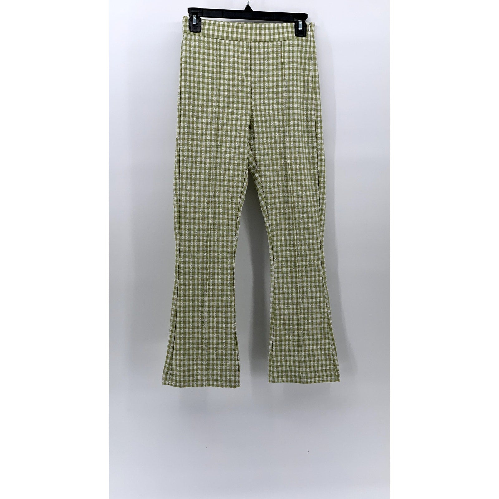 BERSHKA Women's Green-White Gingham Kick Flare Pocketless Split Hem Pant SZ 2