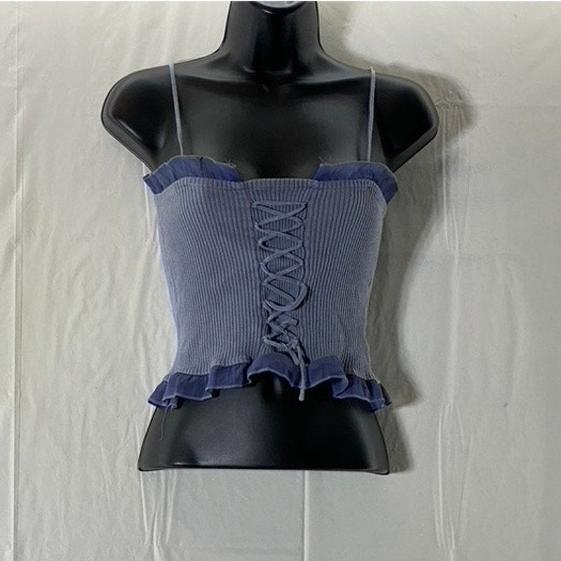 SHEIN Women's Blue Ruffle-Trim Lace-Up Front Ribbed Tank Top SZ S