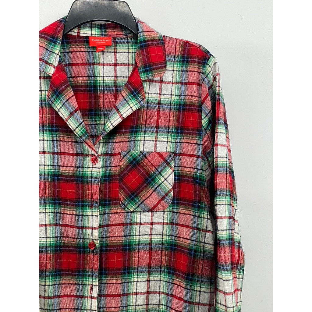 HOLIDAY LANE Women's Green-Red-White Plaid Flannel Button-Up Pajama Top SZ S