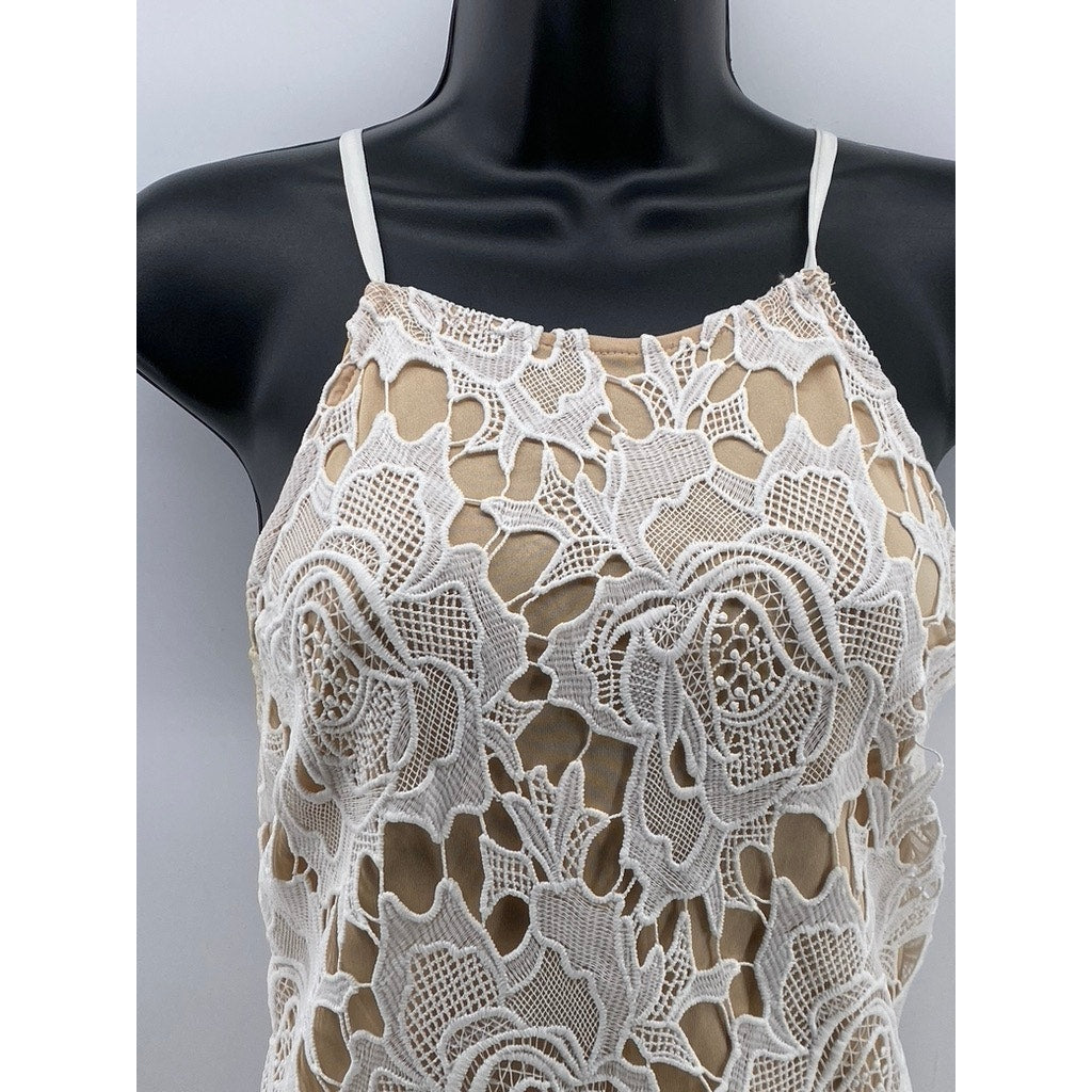 LULUS Women's Ivory High-Neck Lace Spaghetti Strap Mini Dress SZ M