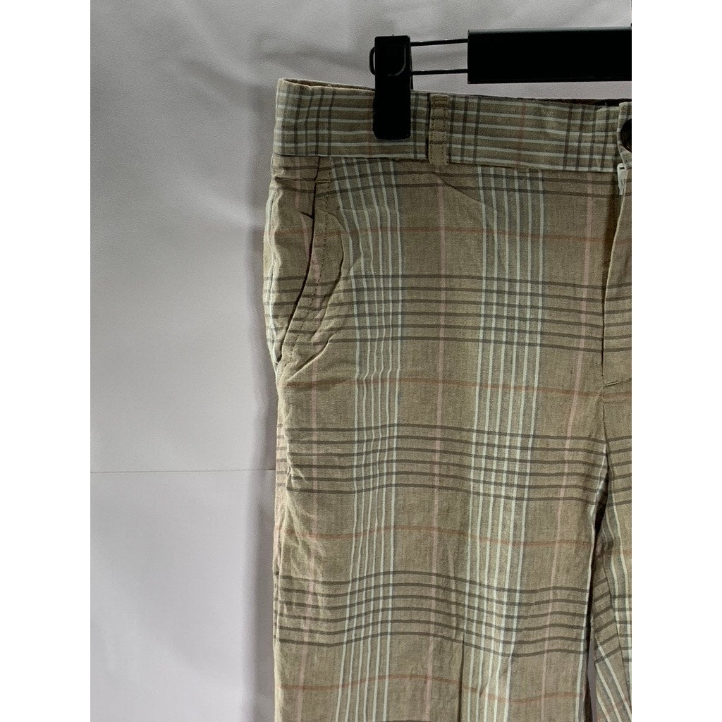 BANANA REPBULIC Women's Tan Plaid Avery Straight-Leg Linen-Blend Cuffed Pant SZ4