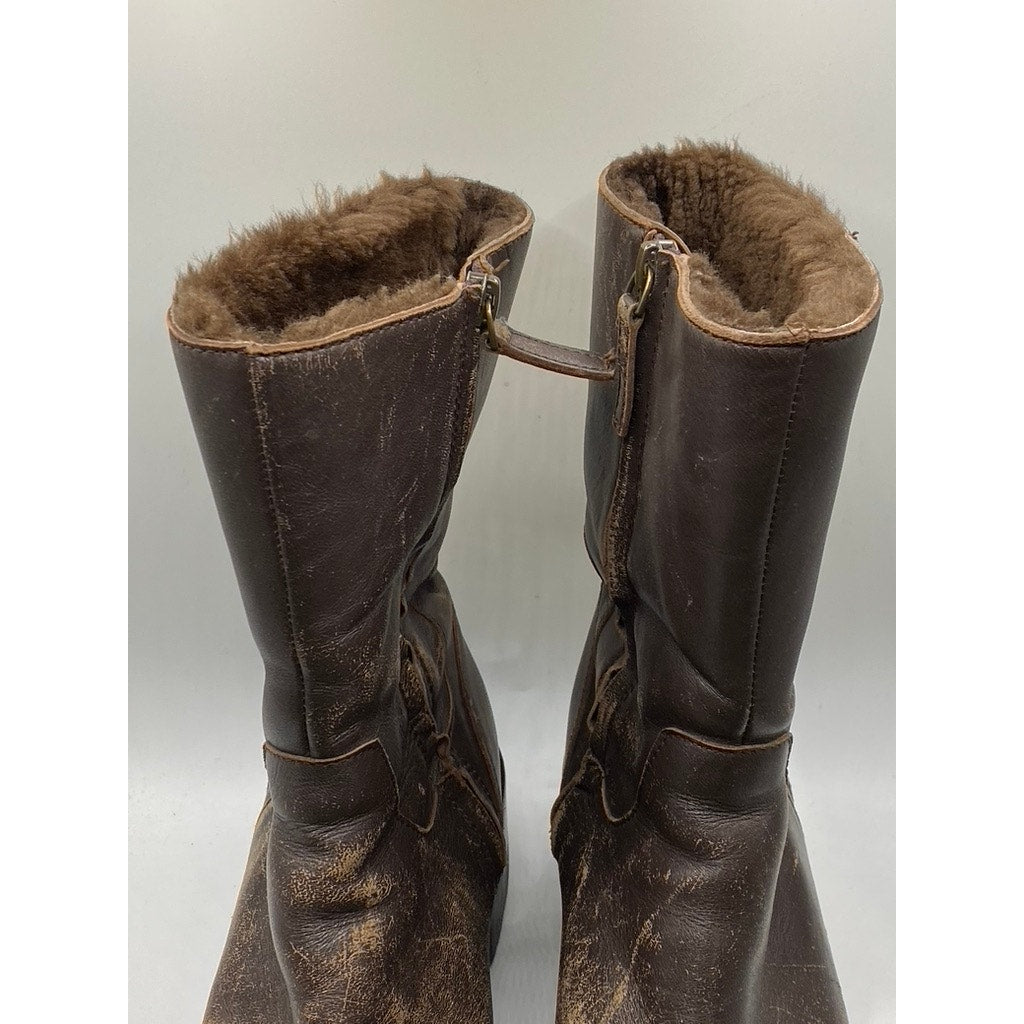 Women's Brown Leather Distressed Black Heel Mid-Calf Shearling Boots SZ 40(US10)