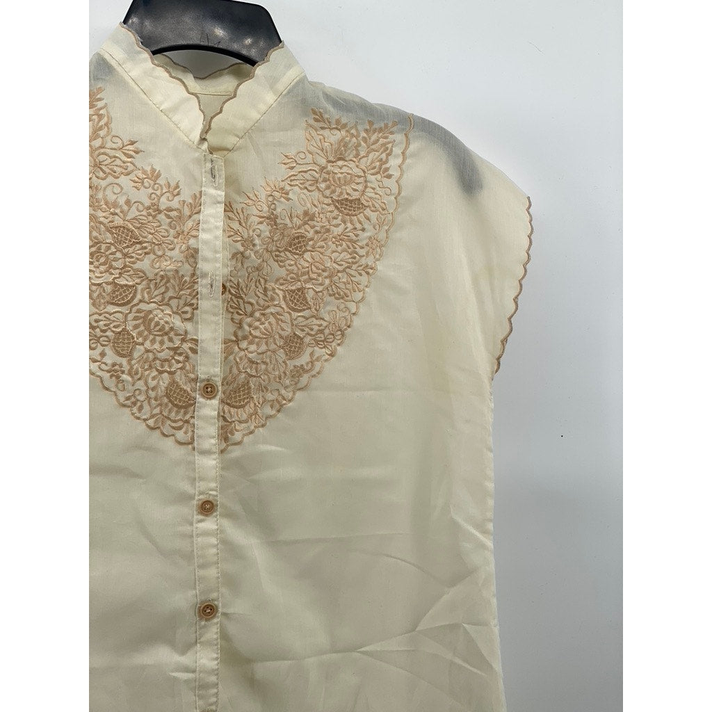 UNBRANDED Women's Beige Embroidered Mock Collar Button-Up Cap Sleeve Top SZ M
