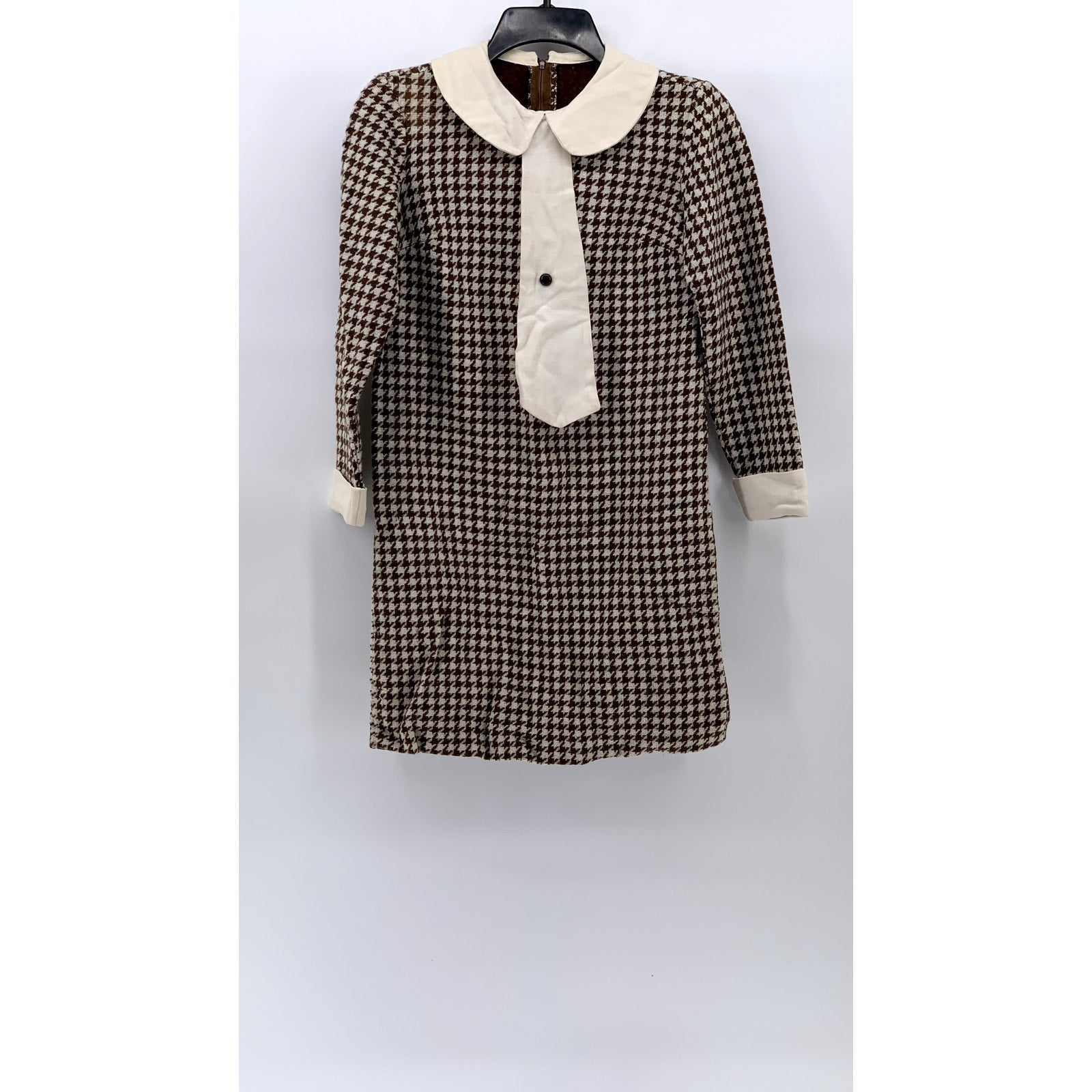 UNBRANDED Women's Brown-Cream Houndstooth Prairie Long Sleeve Sheath Dress SZ S