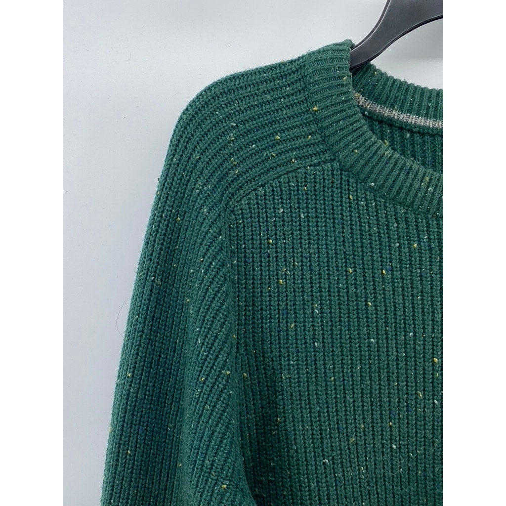 LANDS END Men’s Dark Green Speckle Knit Crewneck Cotton-Wool Blend Sweater SZ XL