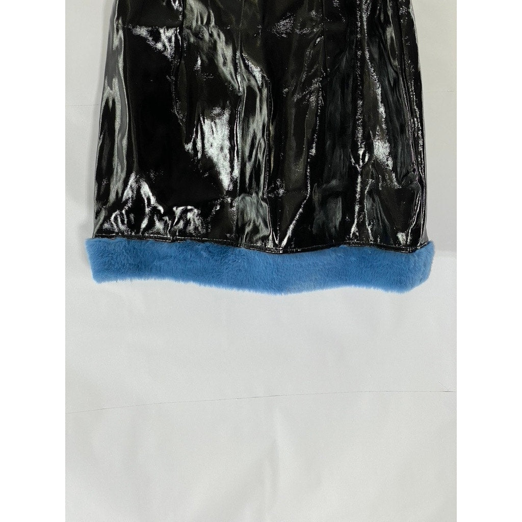 UNBRANDED Women's Black-Blue Faux Patent Leather Faux-Fur Trim Mini Skirt SZ S