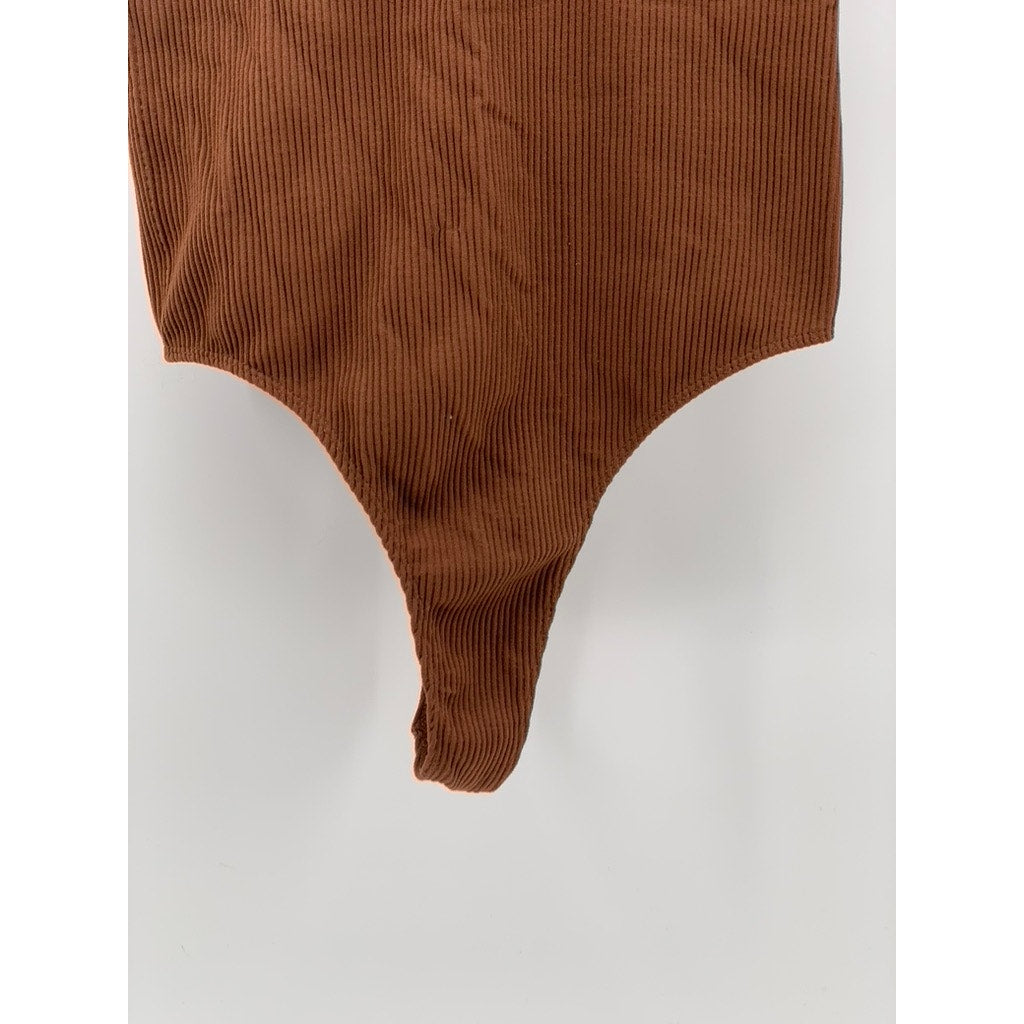 OUT FROM UNDER Women's Brown Ribbed Split Neck Sleeveless Thong Bodysuit SZ XS/S