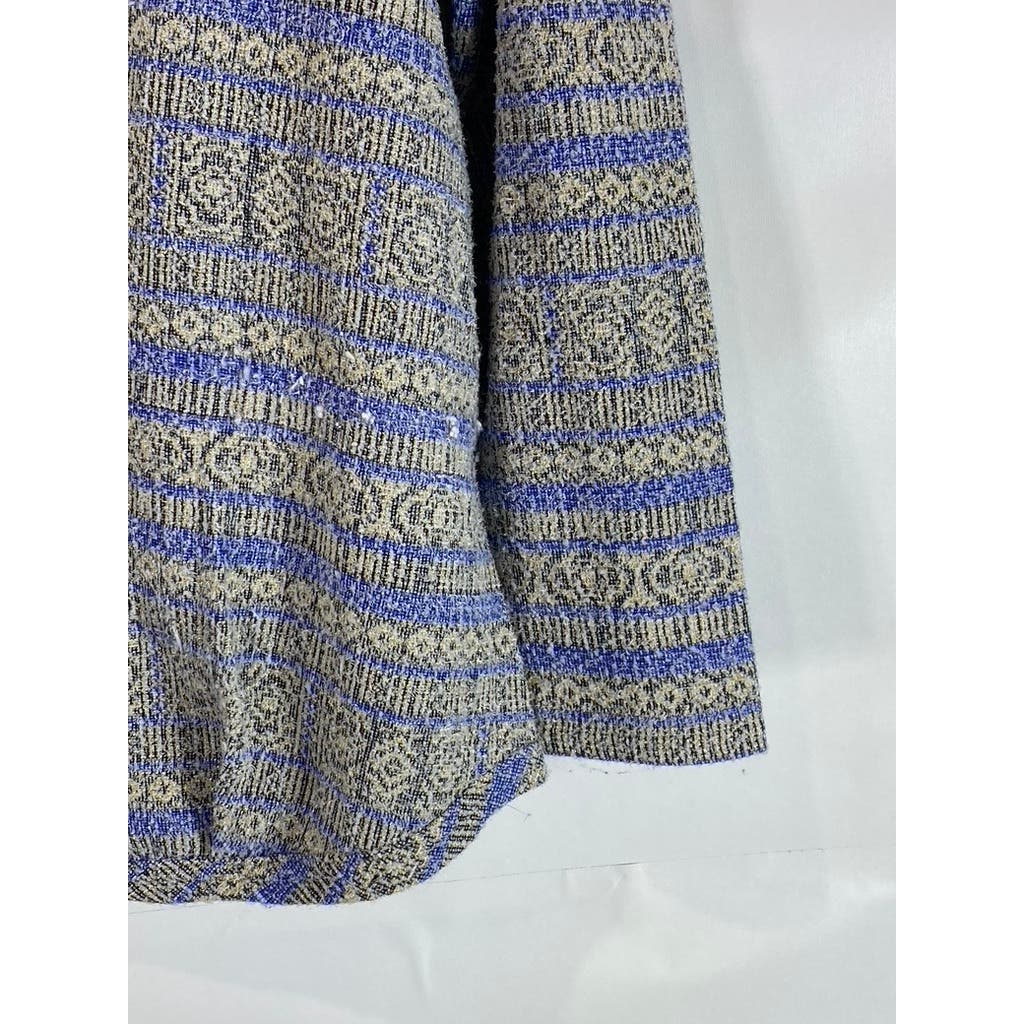 MEG SHOP Women's Metallic Gold/Blue Long Sleeve Pinched Hem Striped Blouse SZ L