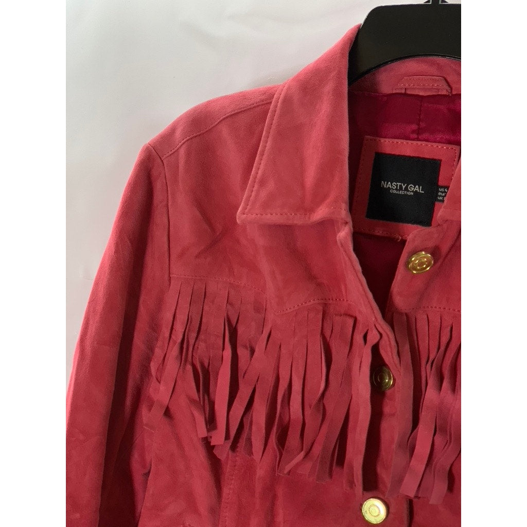 NASTY GAL COLLECTION Women's Red Suede Leather Fringe Button Down Jacket SZ 4