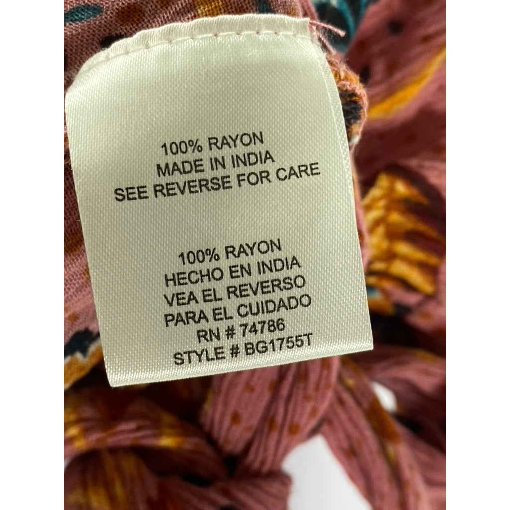 PATRONS OF PEACE Women's Pink Leaf Print Tie-Knot Front Long Sleeve Top SZ M