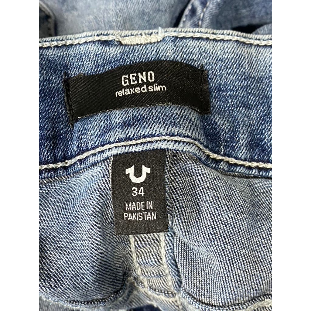 TRUE RELIGION Men's Light Blue Ripped Geno Relaxed Slim-Fit Denim Jeans SZ 34