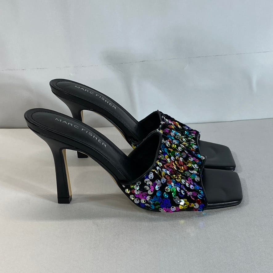 MARC FISHER Women's Black Multi Sequin Danria Square-Toe Stiletto Sandals SZ 6