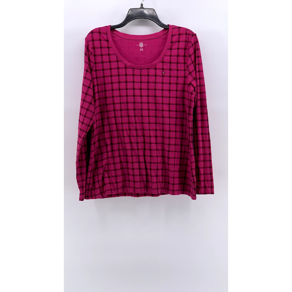 TOMMY HILFIGER Women's Magenta Grid Scoop-Neck Long Sleeve Top SZ XL