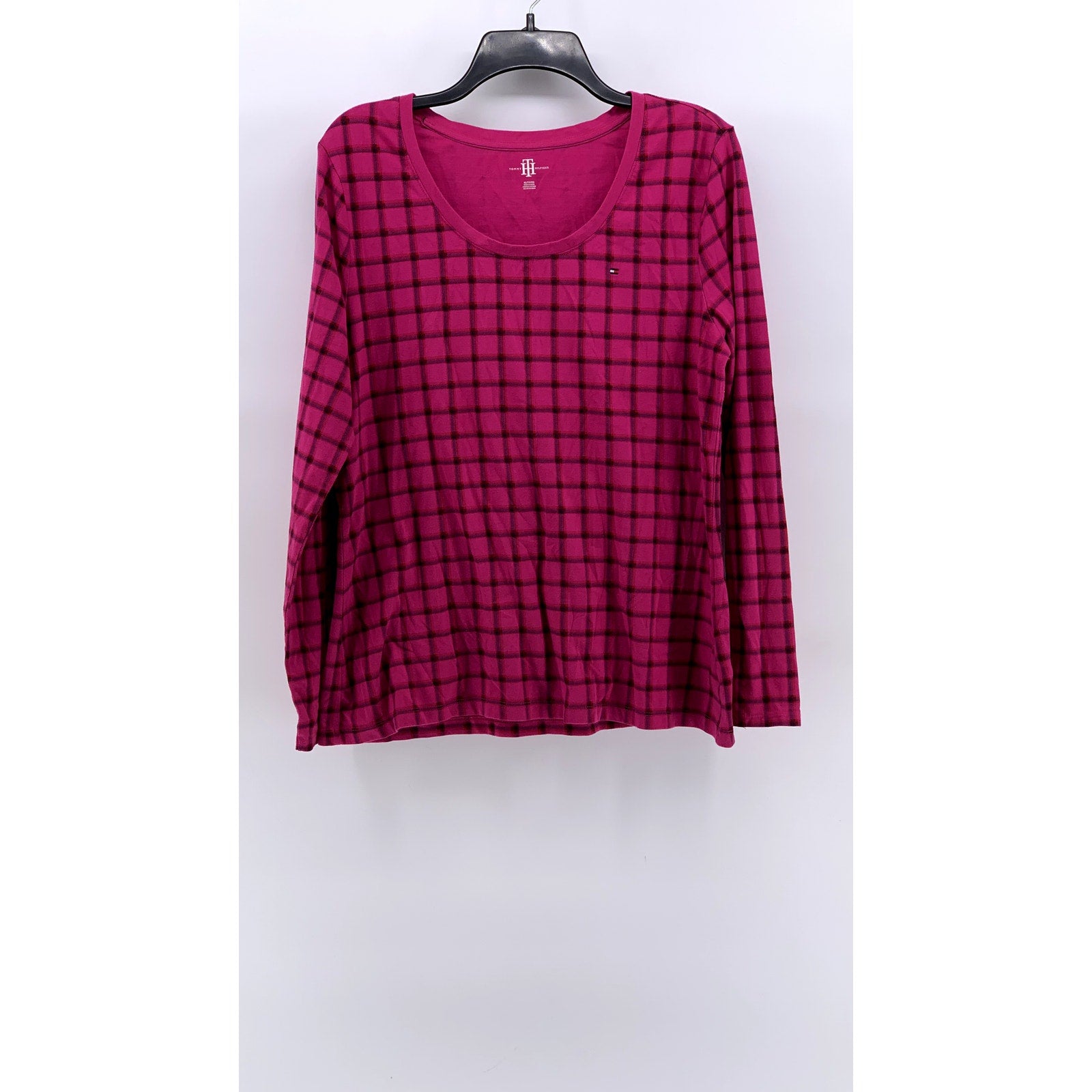 TOMMY HILFIGER Women's Magenta Grid Scoop-Neck Long Sleeve Top SZ XL