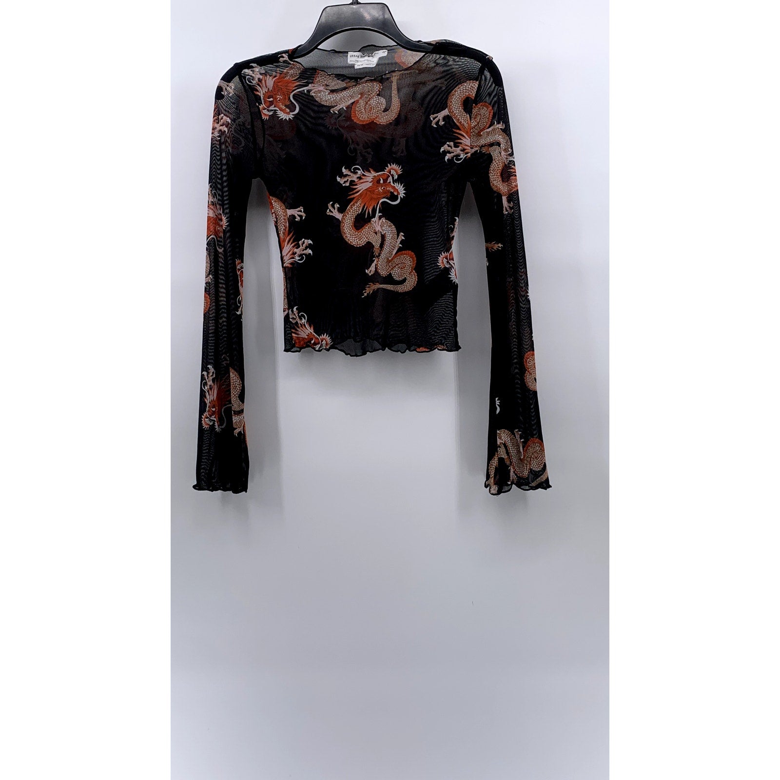 URBAN RENEWAL Women's Black-Orange Crewneck Sheer Remnants Dragon Top SZ XS