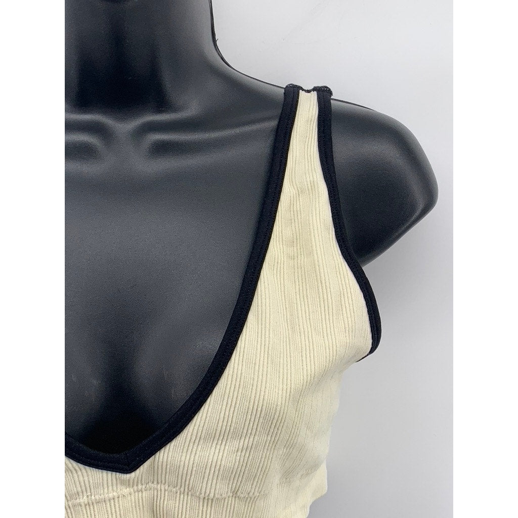 UNBRANDED Women's Cream-Black Ribbed V-Neck Sports Bra SZ L