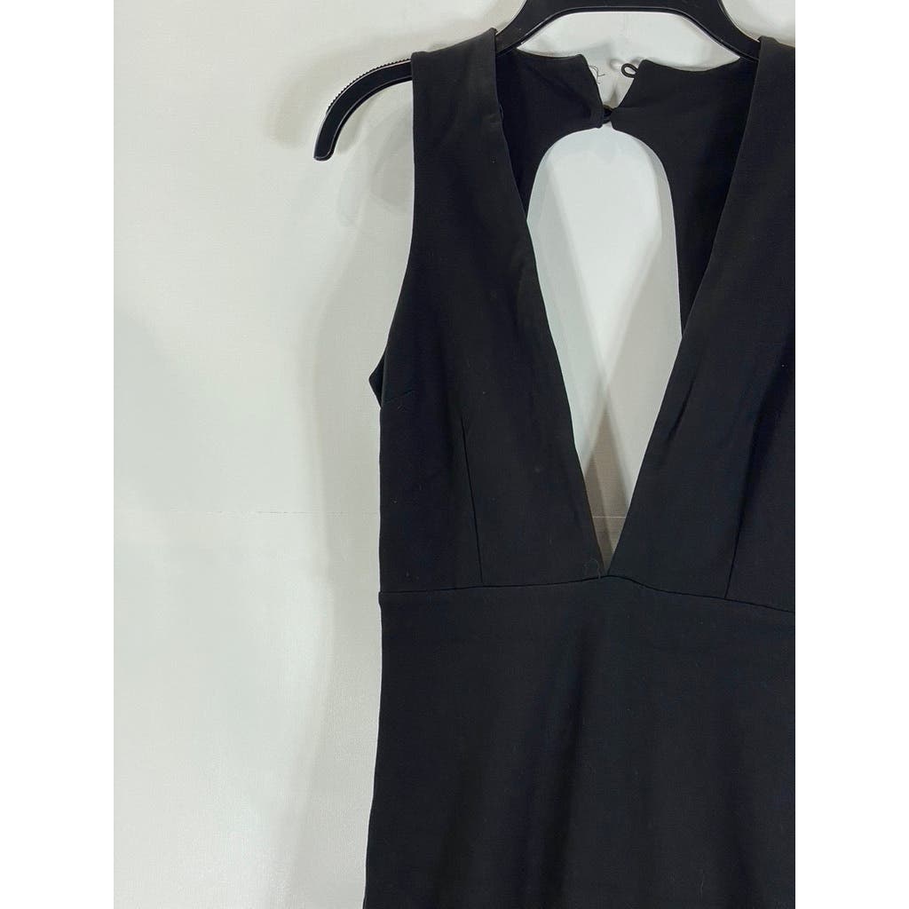AQ/AQ Women's Black Deep Plunge V Neck Sleeveless Jane Knee Length Dress SZ 0