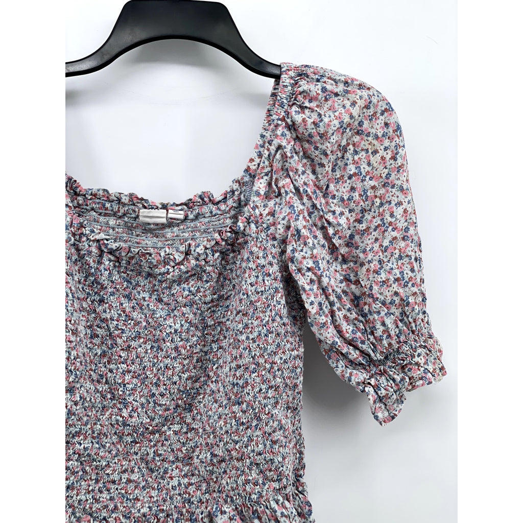 GAP Women's Pink-Blue Floral Straight-Neck Puff Elbow Sleeve Smocked Top SZ S