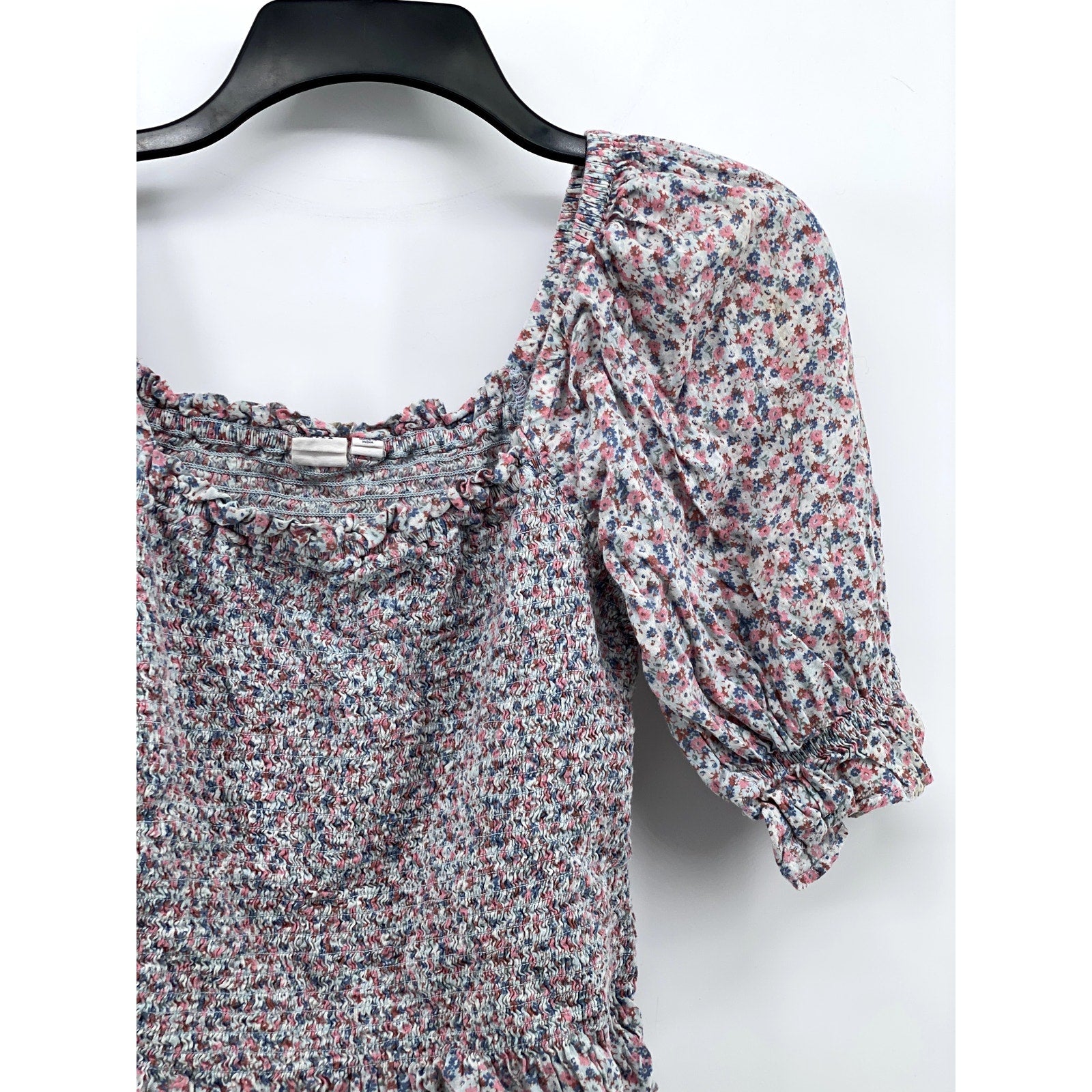 GAP Women's Pink-Blue Floral Straight-Neck Puff Elbow Sleeve Smocked Top SZ S