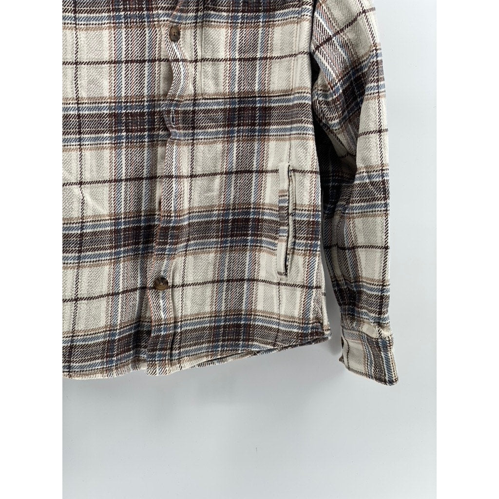 GOODFELLOW & CO Men's Beige-Brown-Blue Plaid Button-Up Flannel Shirt SZ M