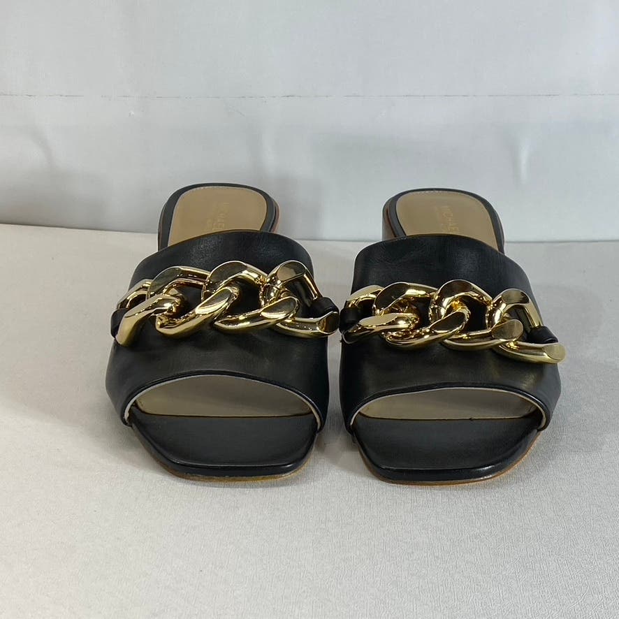 MICHAEL MICHAEL KORS Women's Black Leather Gold-Chain Link Block-Heel Sandal SZ8