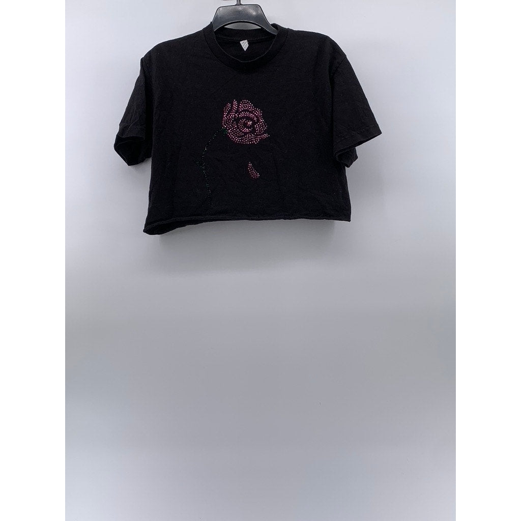 UNBRANDED Women's Black Rose Rhinestone Crewneck Short Sleeve Crop Top SZ M