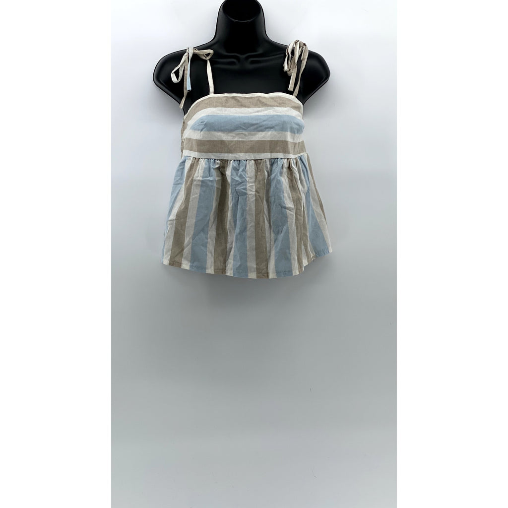 UNBRANDED Women's Blue-Tan Striped Straight-Neck Tie-Strap Ruffle Top SZ S