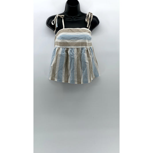 UNBRANDED Women's Blue-Tan Striped Straight-Neck Tie-Strap Ruffle Top SZ S