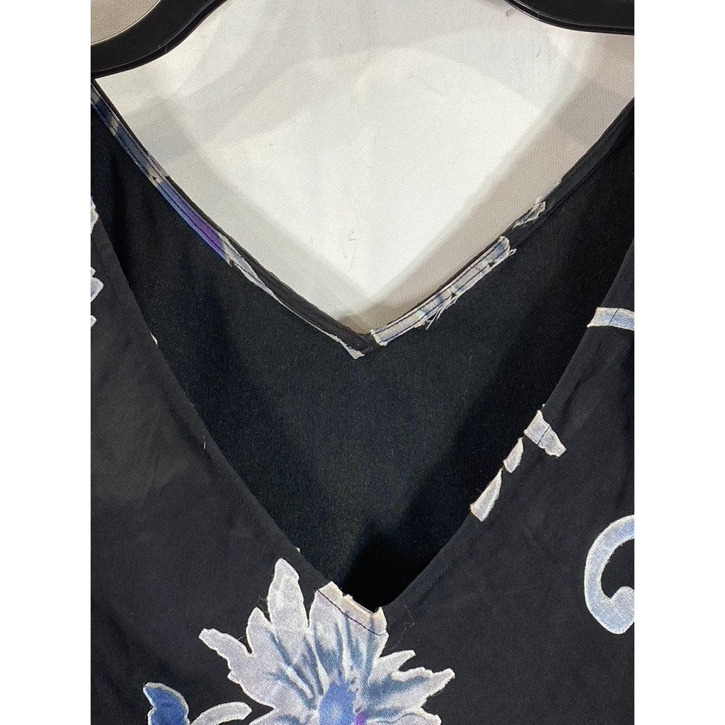 UNBRANDED Women's Black/Blue Floral Sheer V-Neck Sleeveless Midi Dress SZ S