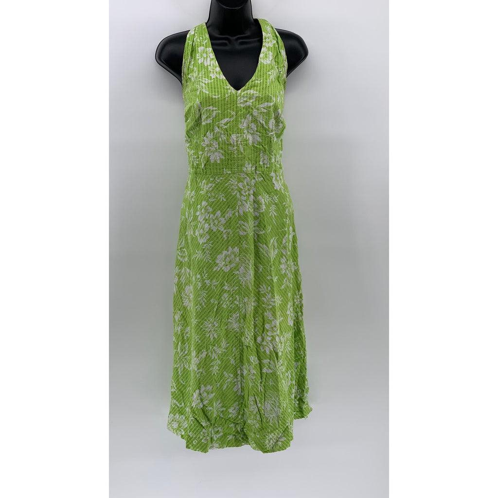 LIZ CLAIBORNE Women's Green Floral Textured V-Neck Halter Tie-Neck Dress SZ 8